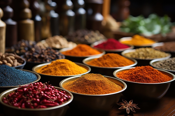 Varieties of spices and grains on a market table. Spices Trading